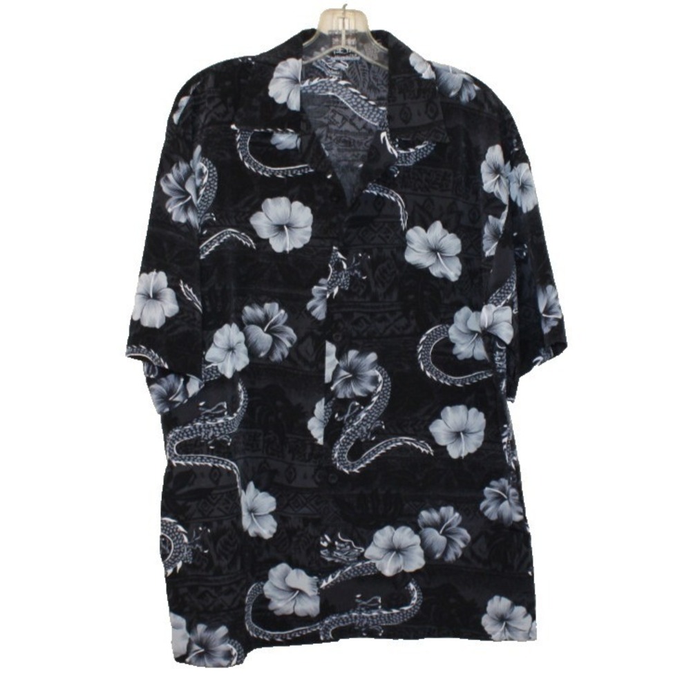 men's VTG Authentic Shaolin Medium button front shirt dragon hibiscus black gray